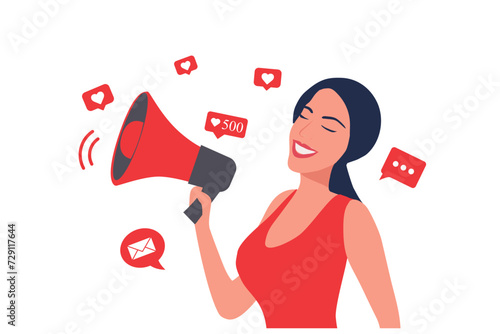 Woman shouting in loud speaker with social media icons. Influencer social media marketing, vlogger, youtuber, social influencer and influencer marketing concept vector illustration