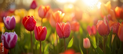 Colorful tulips bloom in a sunlit field.
