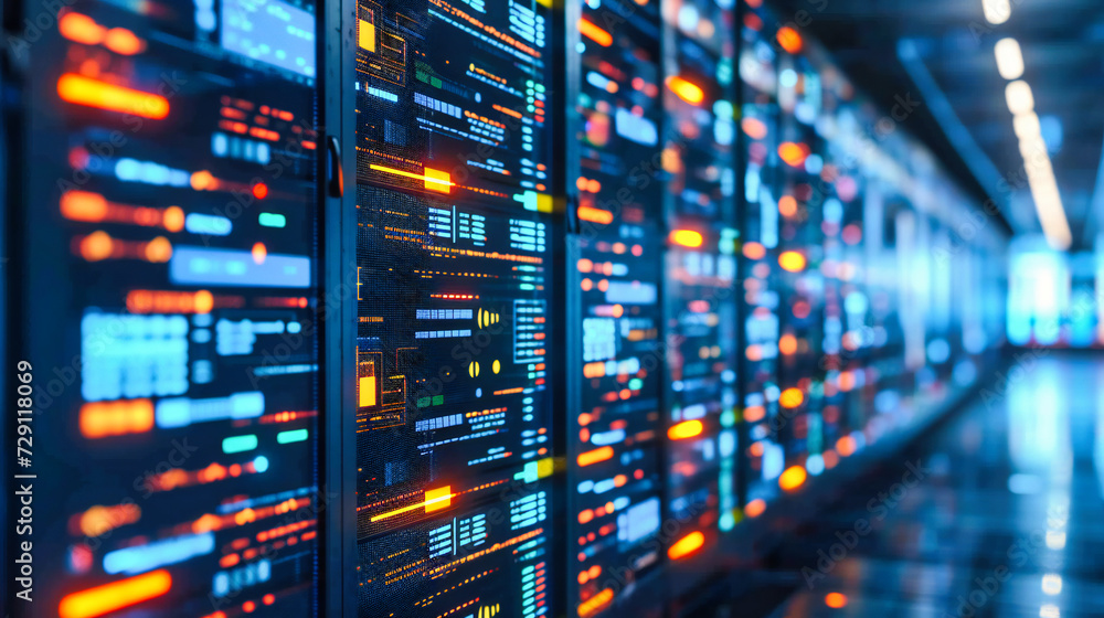 High-tech computing and networking environment with server racks and digital equipment, symbolizing advanced technology and data communication High-tech computing and networking environment with server racks and digital equipment, symbolizing advanced technology and data communication