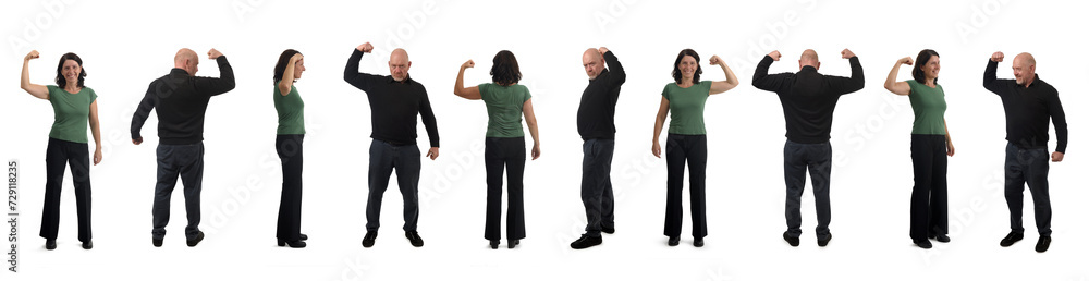 various poses of a same woman and men showing her bicep on white background various poses of a same woman and men showing her bicep on white background