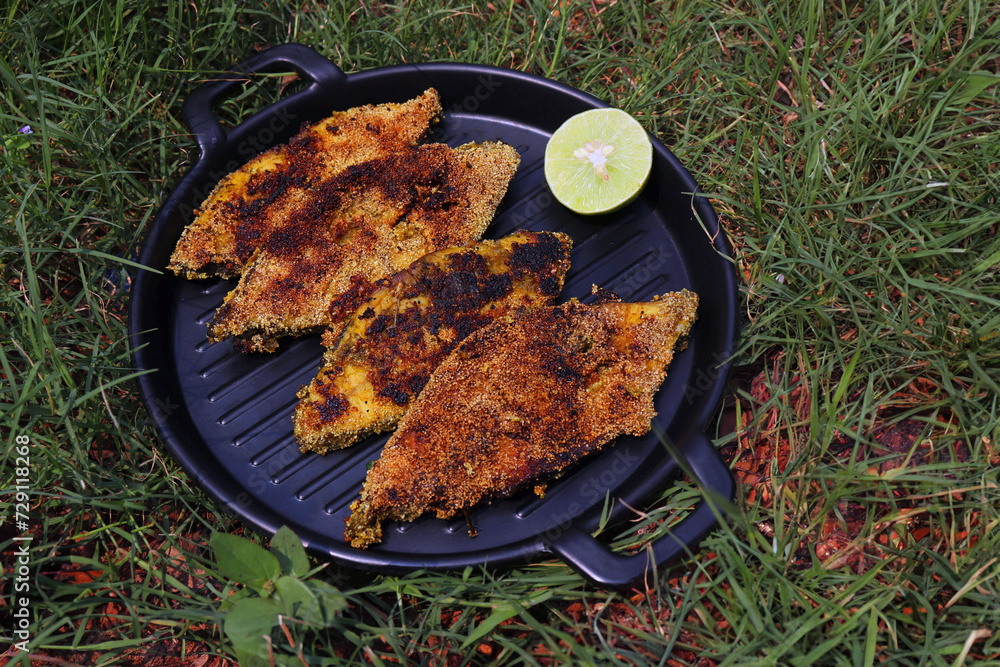 Indian black pomfret fish fry. Halwa Rava fry. Indian Spicy fish fry
