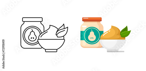 Baby food icons with pear puree in glass jar and white bowl. Vector outline and colorful illustrations of healthy nutrition for infants in container with label. Kids food from organic fruits in bottle