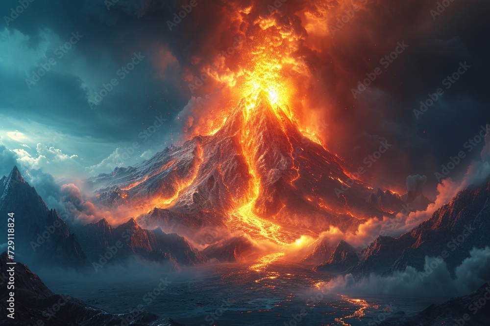 Volcano Eruption in August A Spectacular Firework Display in the Sky Generative AI - obrazy, fototapety, plakaty 