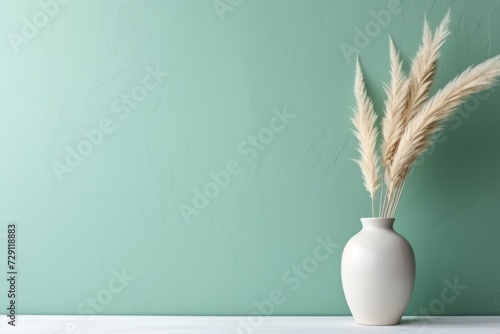 Pampas grass in ceramic vase near studio wall background, space for text photo