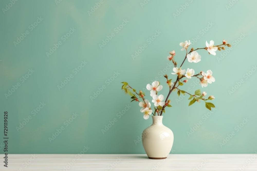 Blossom branch in ceramic vase near studio wall background, space for text