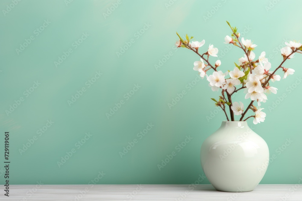 Blossom branch in ceramic vase near studio wall background, space for text Blossom branch in ceramic vase near studio wall background, space for text
