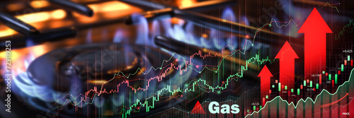 Gas burners with superimposed rising financial graphs, symbolizing the fluctuating energy market costs