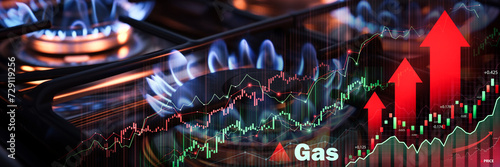 Gas burners with superimposed rising financial graphs, symbolizing the fluctuating energy market costs