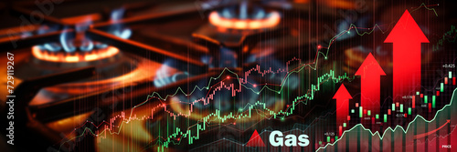 Gas burners with superimposed rising financial graphs, symbolizing the fluctuating energy market costs
