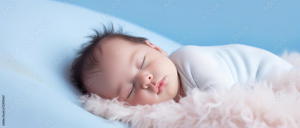 Newborn baby boy sleep, with empty copy space, on blue big bed Newborn baby boy sleep, with empty copy space, on blue big bed