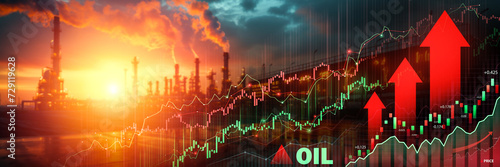Oil pumps at sunrise with upward trending financial graphs photo