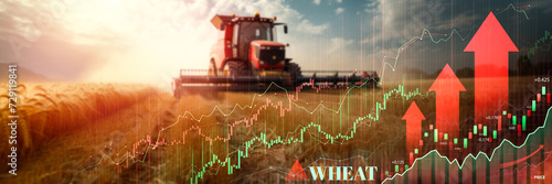 Combine harvester in wheat field overlaid with bullish market graph, symbolizing growth photo