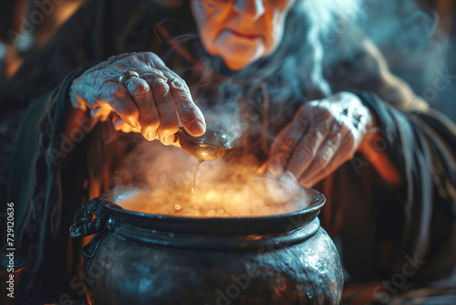 Elderly witch adds liquid from wooden spoon to boiling cauldron making potions in hut at night. Black magic and fairy tale events closeup photo