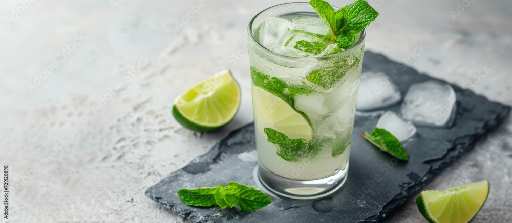 Lime and mint-infused mojito served in a tall glass on a grey stone surface. Lime and mint-infused mojito served in a tall glass on a grey stone surface.