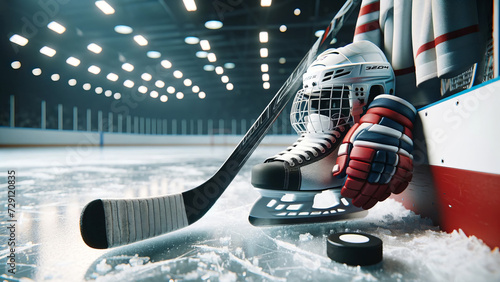 Ice Hockey Gear Detailed Still Life on Rink photo