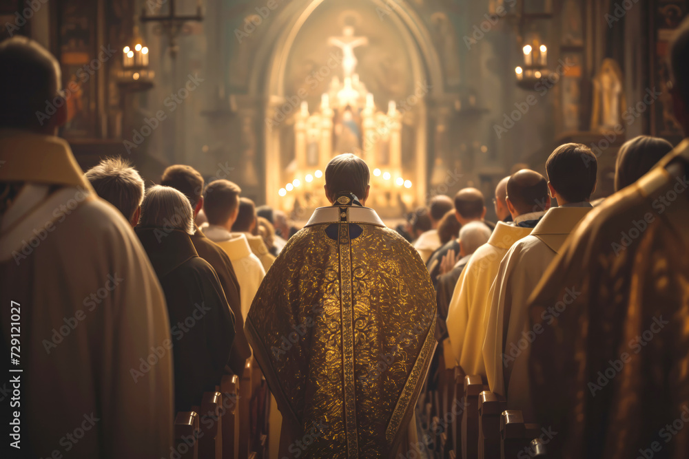 View from back of crowd on standing believers in bright church on Catholic holiday. Prayer and faith in higher powers. Hope in God