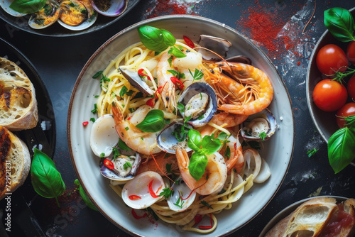 Italian Dishes with Fresh and Beautiful Seafood. Colors and Textures Convey the Deliciousness of Italy's Coastal Cuisine.