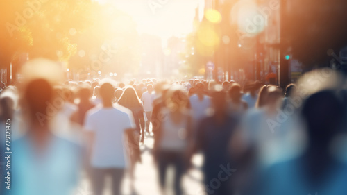 crowd of people on a sunny summer street blurred abstract background in out-of-focus, sun glare image light