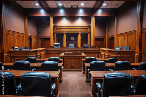 courtroom interior without people with wooden furniture and black leather chairs