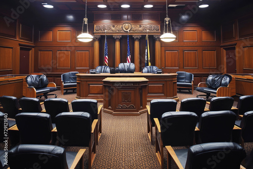 courtroom interior without people with wooden furniture and black leather chairs