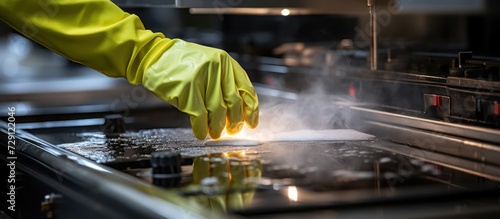 close up of hands using gloves Cleaning a gas stove in the kitchen photo