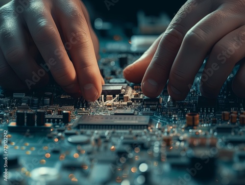 microcircuit board and master's hands. Micro chip. Colored backlight