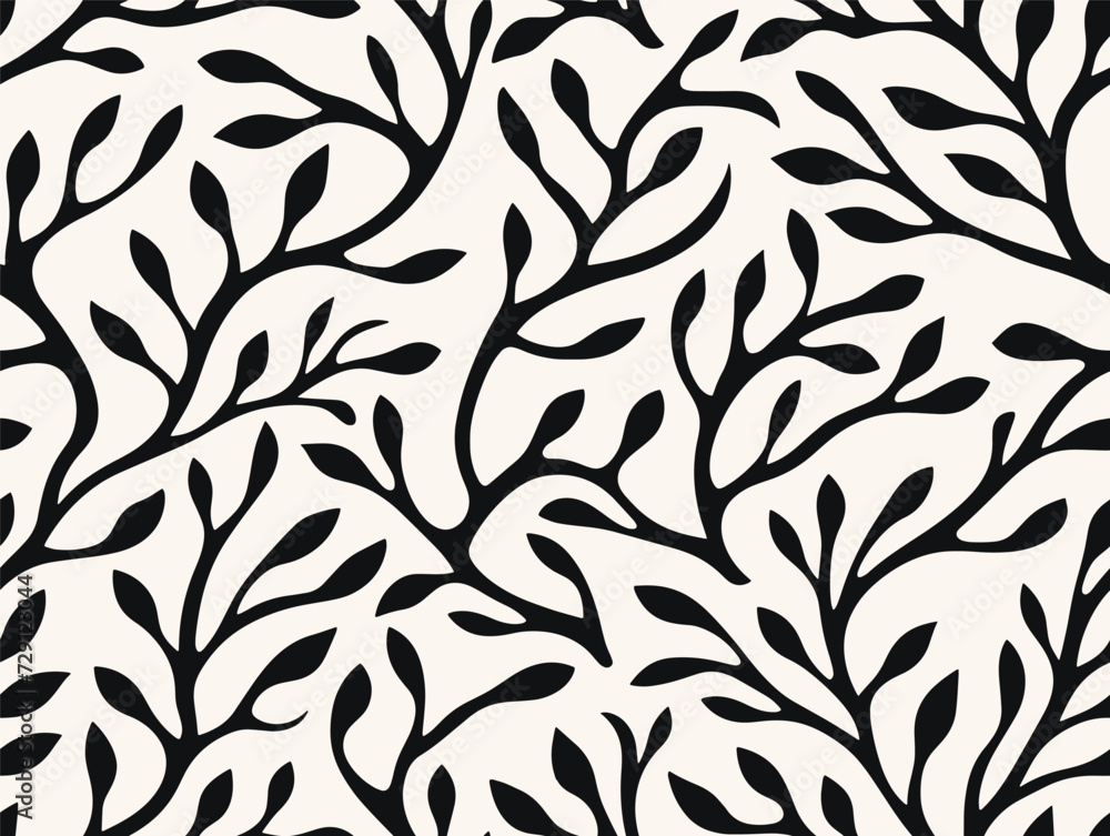 Perfectly seamless pattern, vector repeated floral texture. Branch shapes background, black and white monochrome wallpaper Perfectly seamless pattern, vector repeated floral texture. Branch shapes background, black and white monochrome wallpaper
