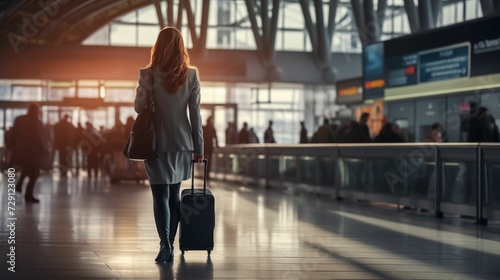 commuting business woman walking at a train station or airport towards the departure gate. generative ai