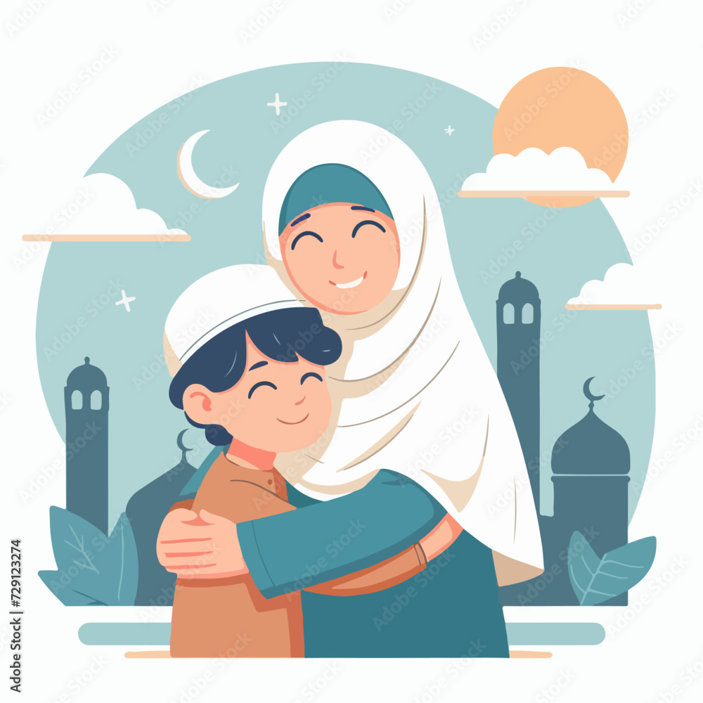 Obraz premium muslim family hugging in front of mosque and crescent moon 