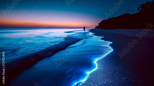 A calm beach at twilight, with the shore illuminated by bioluminescent plankton.  © Attila