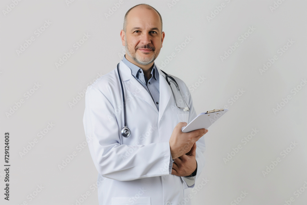 doctor in a medical coat holding a clipboard looking at the camera on white background doctor in a medical coat holding a clipboard looking at the camera on white background