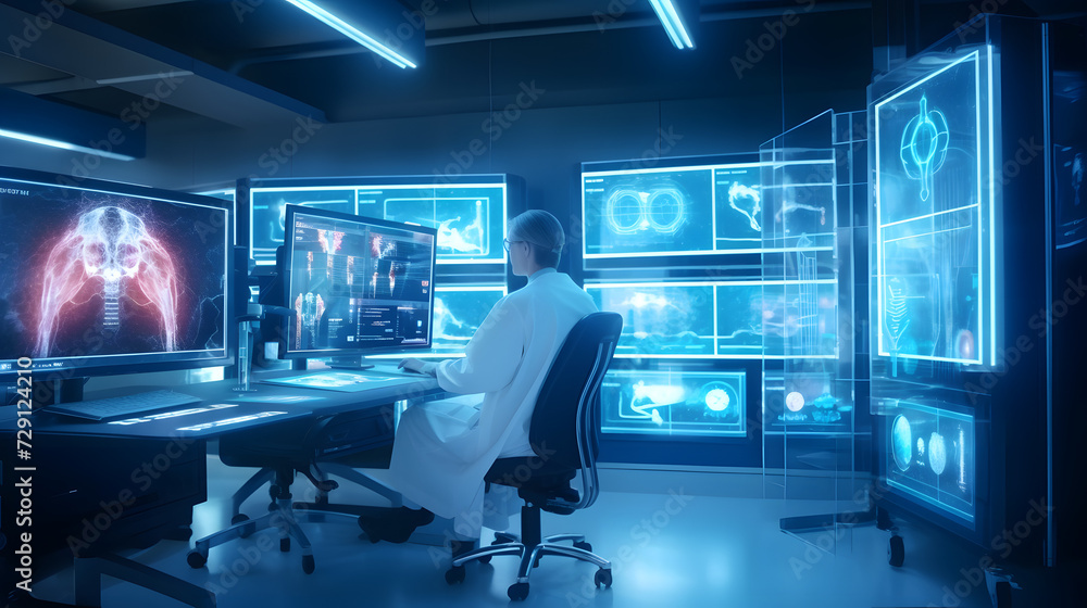 Medical technology in clinic or hospital. Treatment and use of computer technologies in medicine. generative AI. Medical technology in clinic or hospital. Treatment and use of computer technologies in medicine. generative AI.