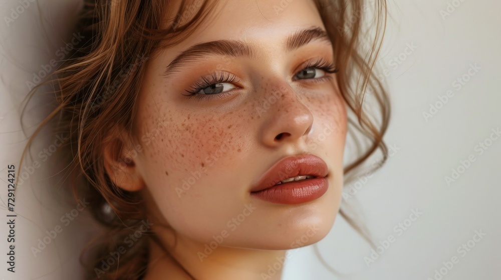 Youth and skin care concept. Highly-detailed close up portrait of pretty teenage girl with perfect clean freckled skin and green eyes looking at the camera Youth and skin care concept. Highly-detailed close up portrait of pretty teenage girl with perfect clean freckled skin and green eyes looking at the camera