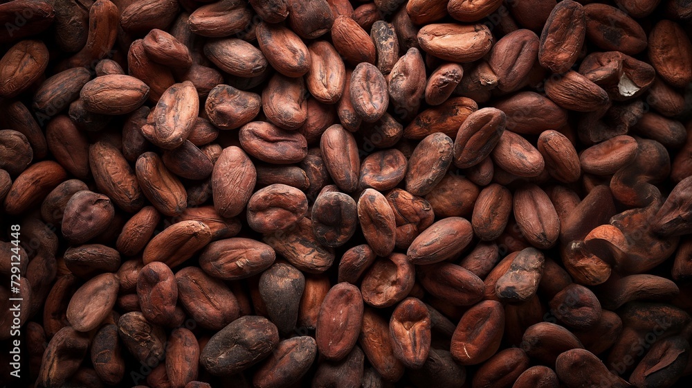 Obraz premium Dried cocoa beans and dried cocoa pods on wooden background