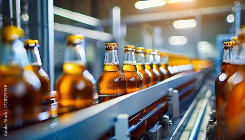 Beer bottles on a conveyor belt in a factory. Alcoholic beverage.