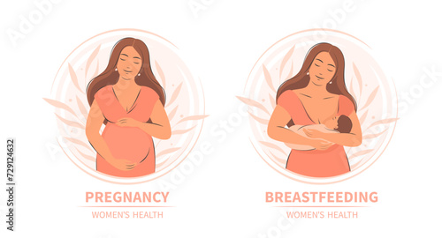 Pregnancy, breastfeeding and motherhood. Women health. Woman feeding baby. Vector illustration.
