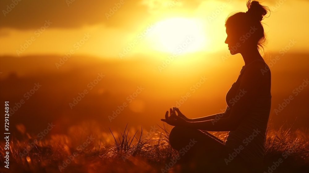 Woman practices yoga and meditates on the nature