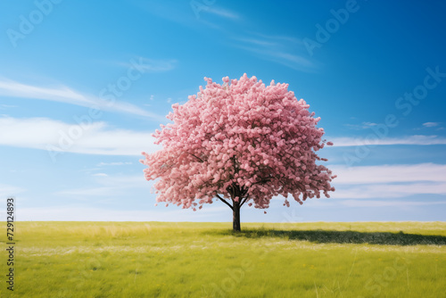 pink cherry blossom tree standing on a green meadow in front of blue sunny sky