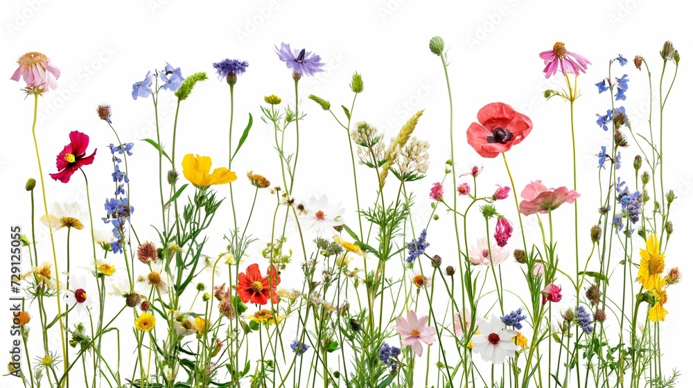 Wildflowers and green grass blades in front of white Wildflowers and green grass blades in front of white