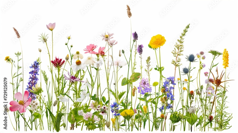 Wildflowers and green grass blades in front of white
