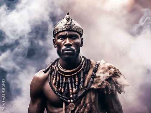 Ancient african tribal leader with beautiful eyes surrounded by smoke. Digital art.