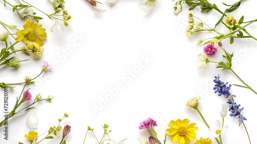 Wildflowers and green grass, bround circular arrangement of field wild flowers on white © mirifadapt