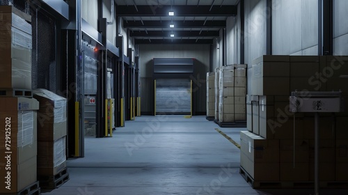 Boxes and box loaders in a warehouse, Rows of shelves with boxe