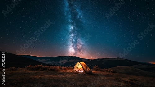 Night landscape with dark skies and stars, the milky way across the entire sky, a small illuminated tent on the ground, photo