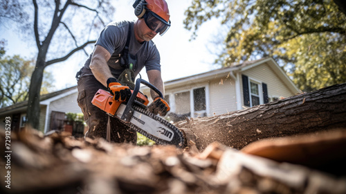 A homeowner using a chainsaw to remove fallen trees from the yard.