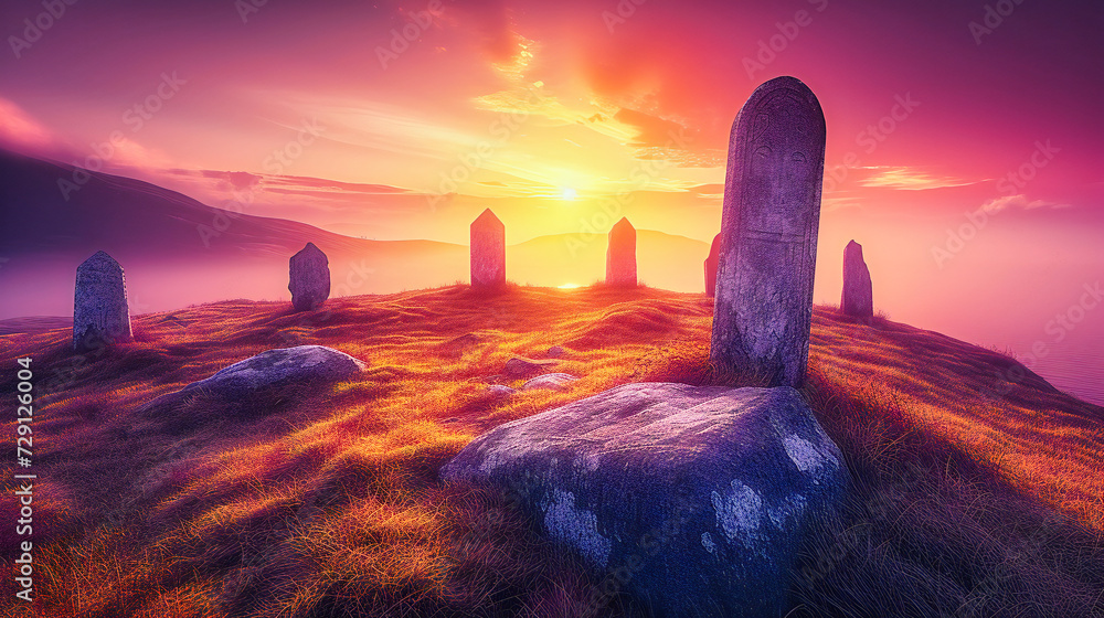 Serene stone landscape in a graveyard at sunset, creating a peaceful yet somber atmosphere with a focus on memory and reflection - obrazy, fototapety, plakaty 