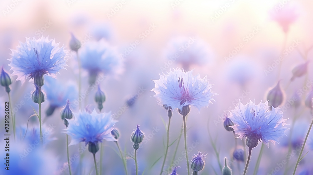 delicate blue flowers, soft pastels, cornflowers in the morning mist on a wild field - obrazy, fototapety, plakaty 