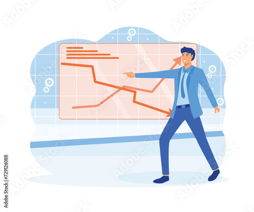 Man showing to finance graph. Economic downturn trouble, rise inflation, decline company money. flat vector modern illustration 