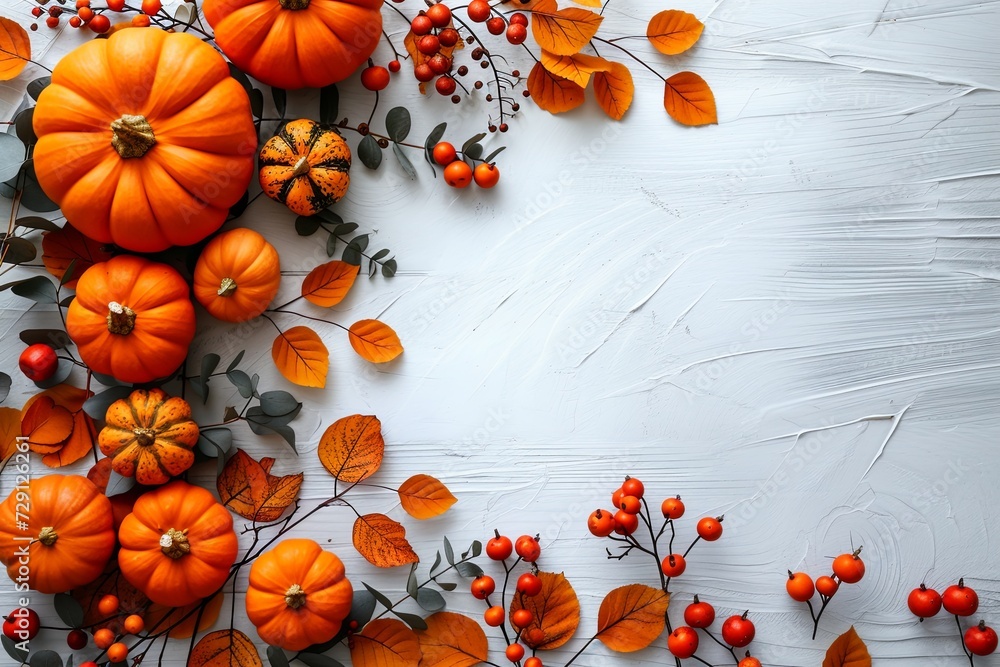 Festive autumn decor from pumpkins, berries and leaves on a white wooden background. Concept of Thanksgiving day or Halloween. Flat lay autumn composition with copy space, Bright color, realistic. Festive autumn decor from pumpkins, berries and leaves on a white wooden background. Concept of Thanksgiving day or Halloween. Flat lay autumn composition with copy space, Bright color, realistic.