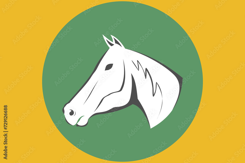 Obraz premium This is a white horse head logo with a green circle and yellow backround, suitable for logos for horse farms, horse conservation, wild horse milk, plastic shops